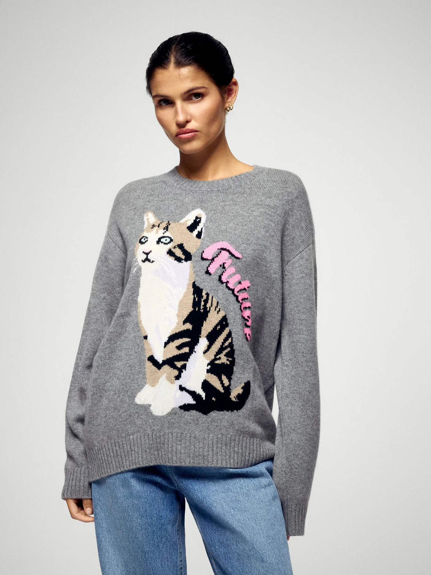 FROM FUTURE Cat Sweater Grey - S - Strick