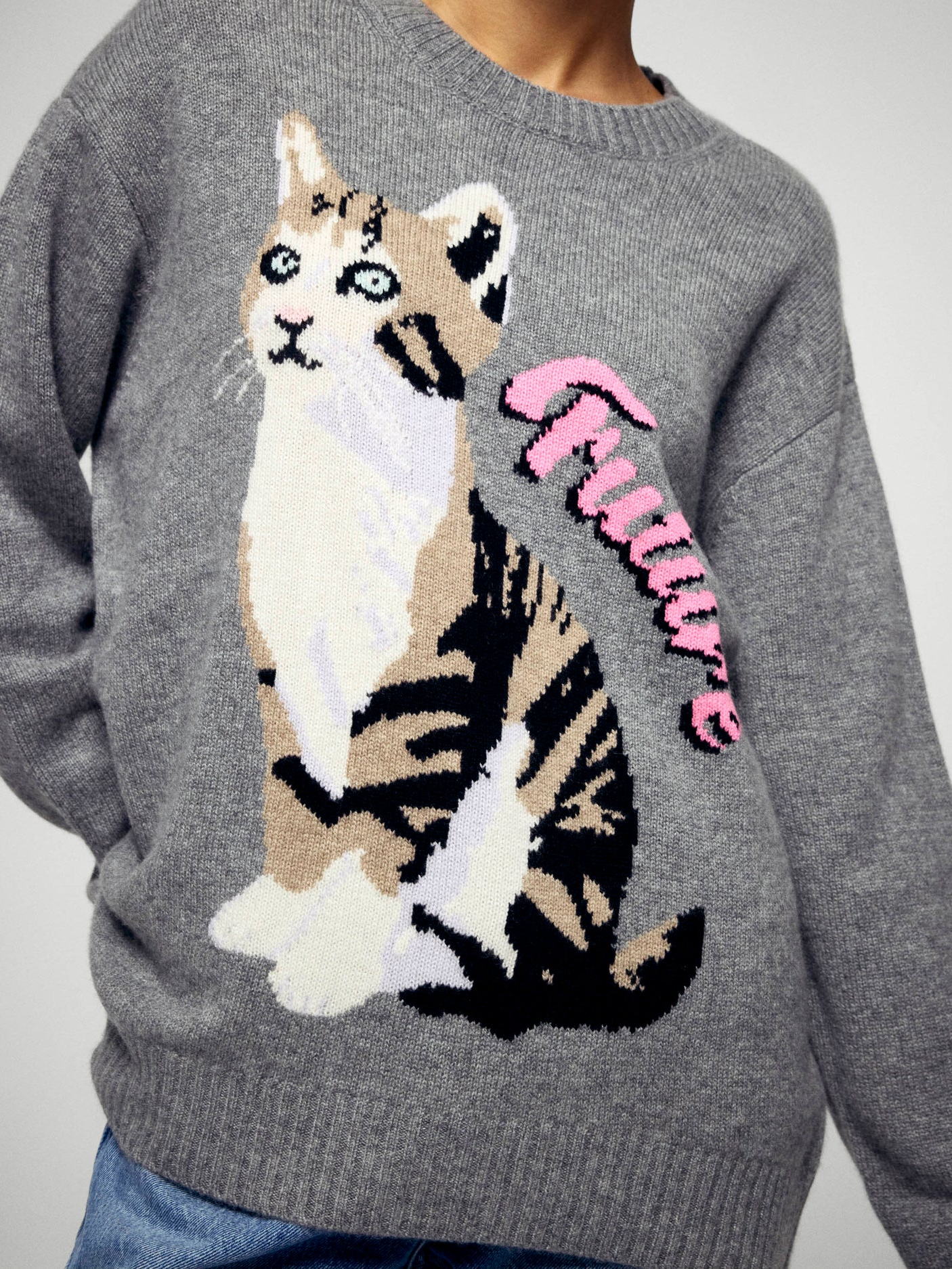 FROM FUTURE Cat Sweater Grey - S - Strick