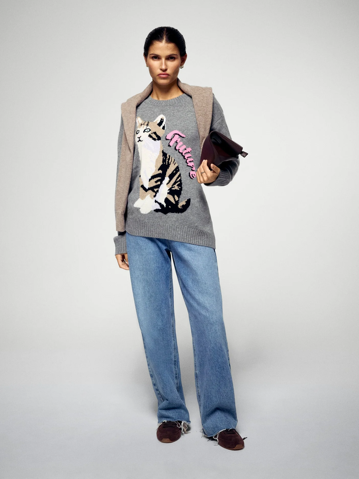 FROM FUTURE Cat Sweater Grey - S - Strick