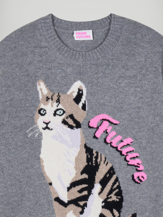 FROM FUTURE Cat Sweater Grey - S - Strick