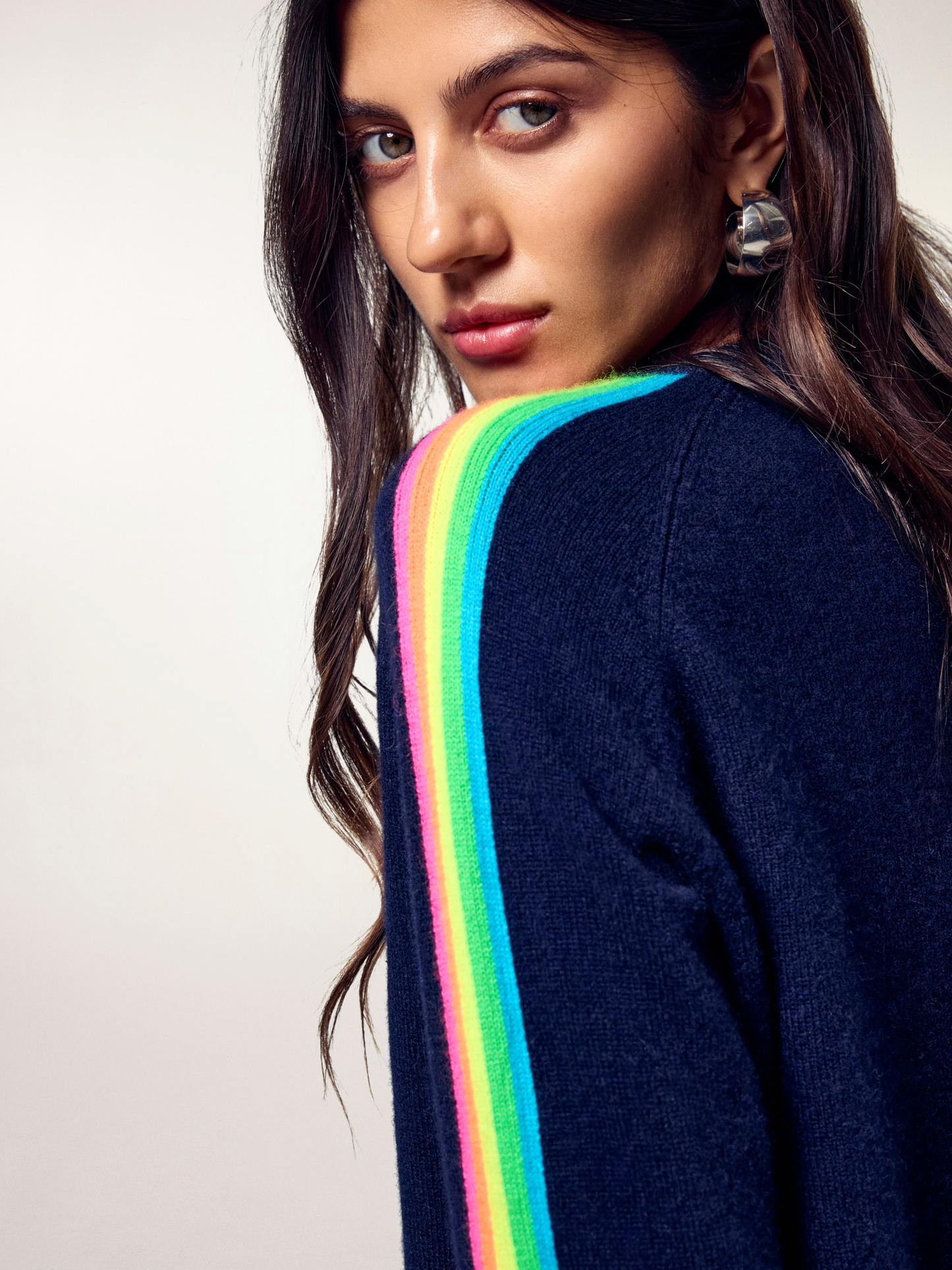 FROM FUTURE Sweater Crewneck Stripes Multicolored Sleeves Navy