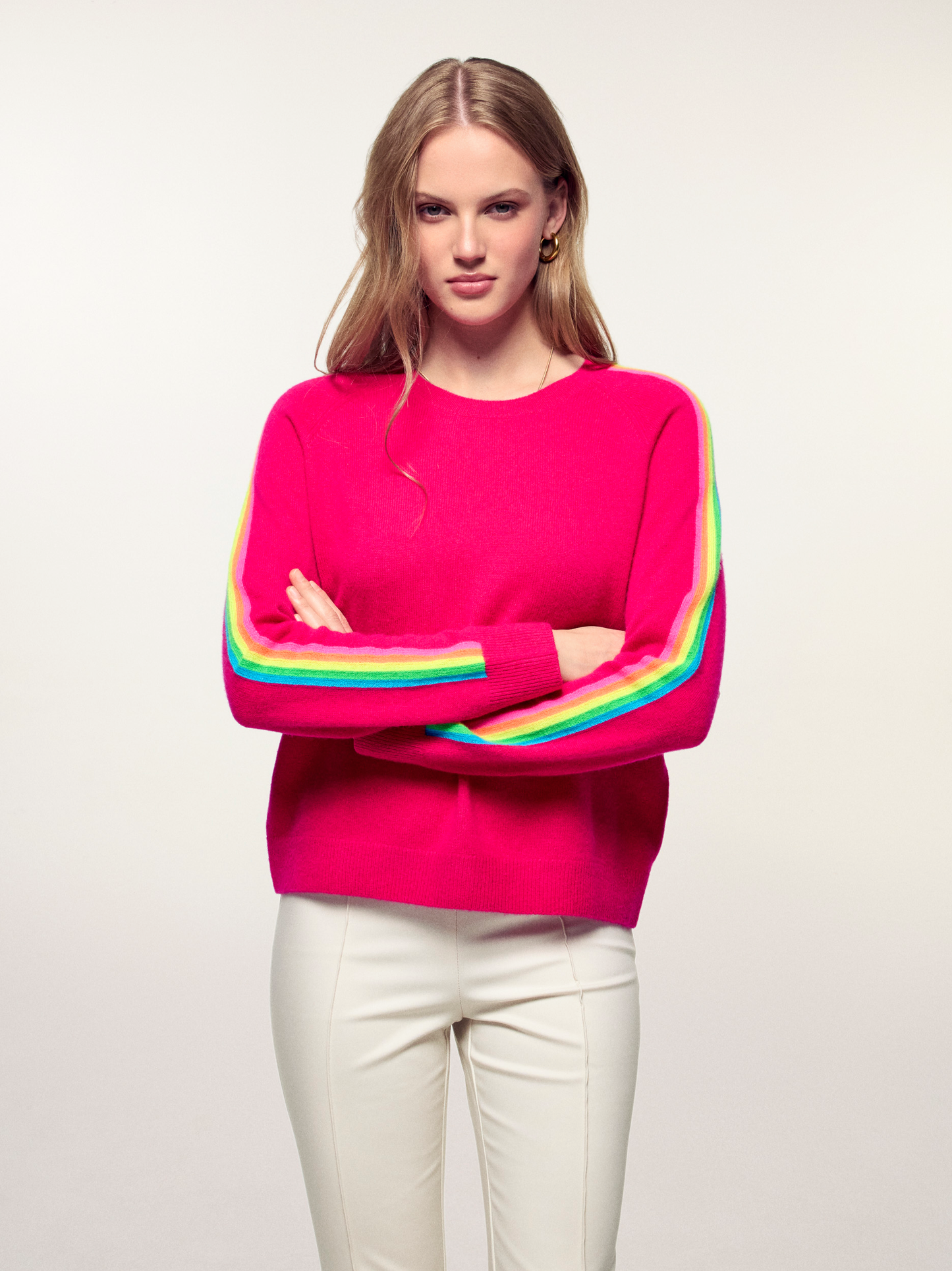 FROM FUTURE Sweater Crewneck Stripes Multicolored Sleeves Pink