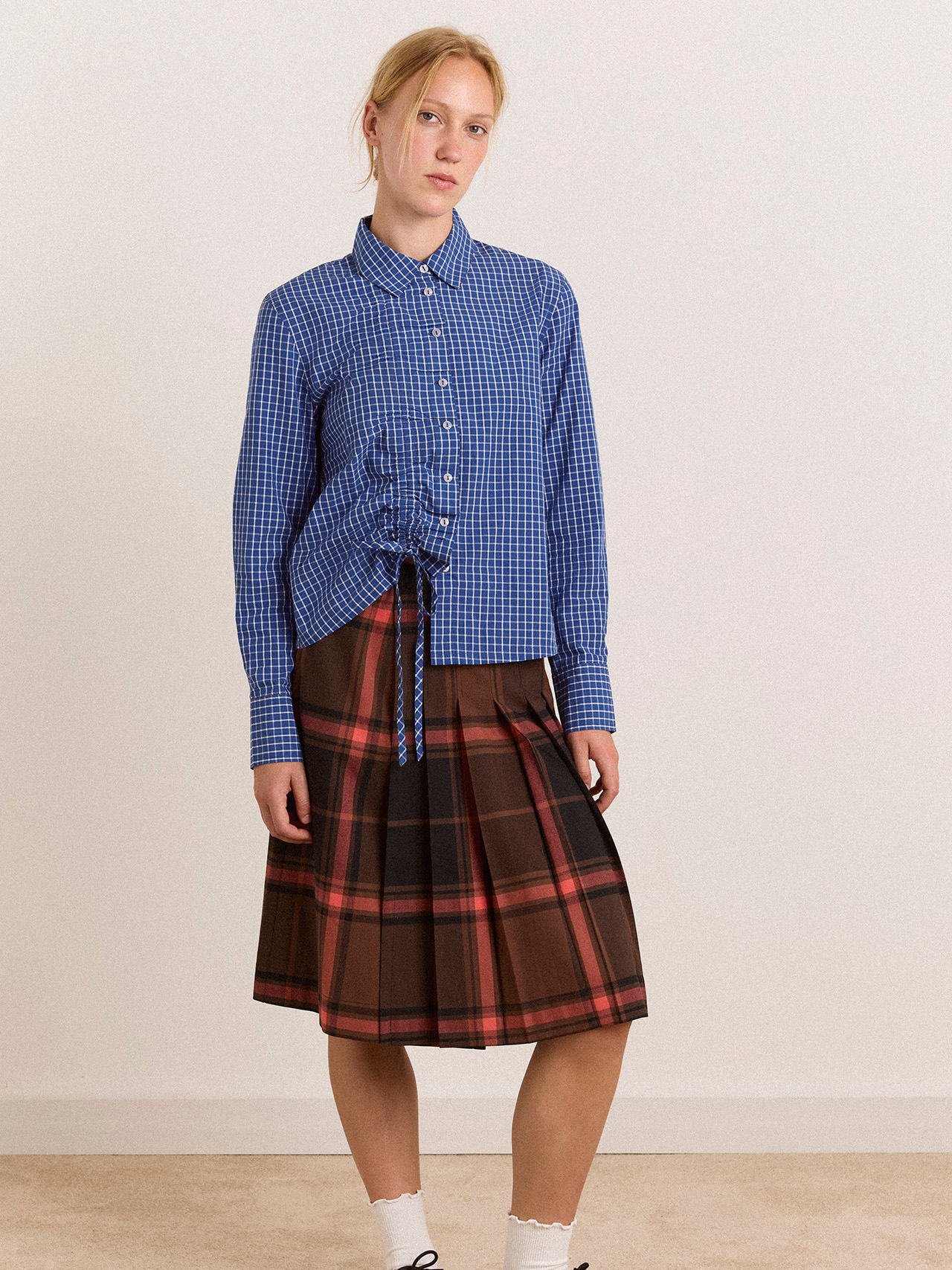 DAMSON MADDER Talia Ruched Shirt - Blue Check