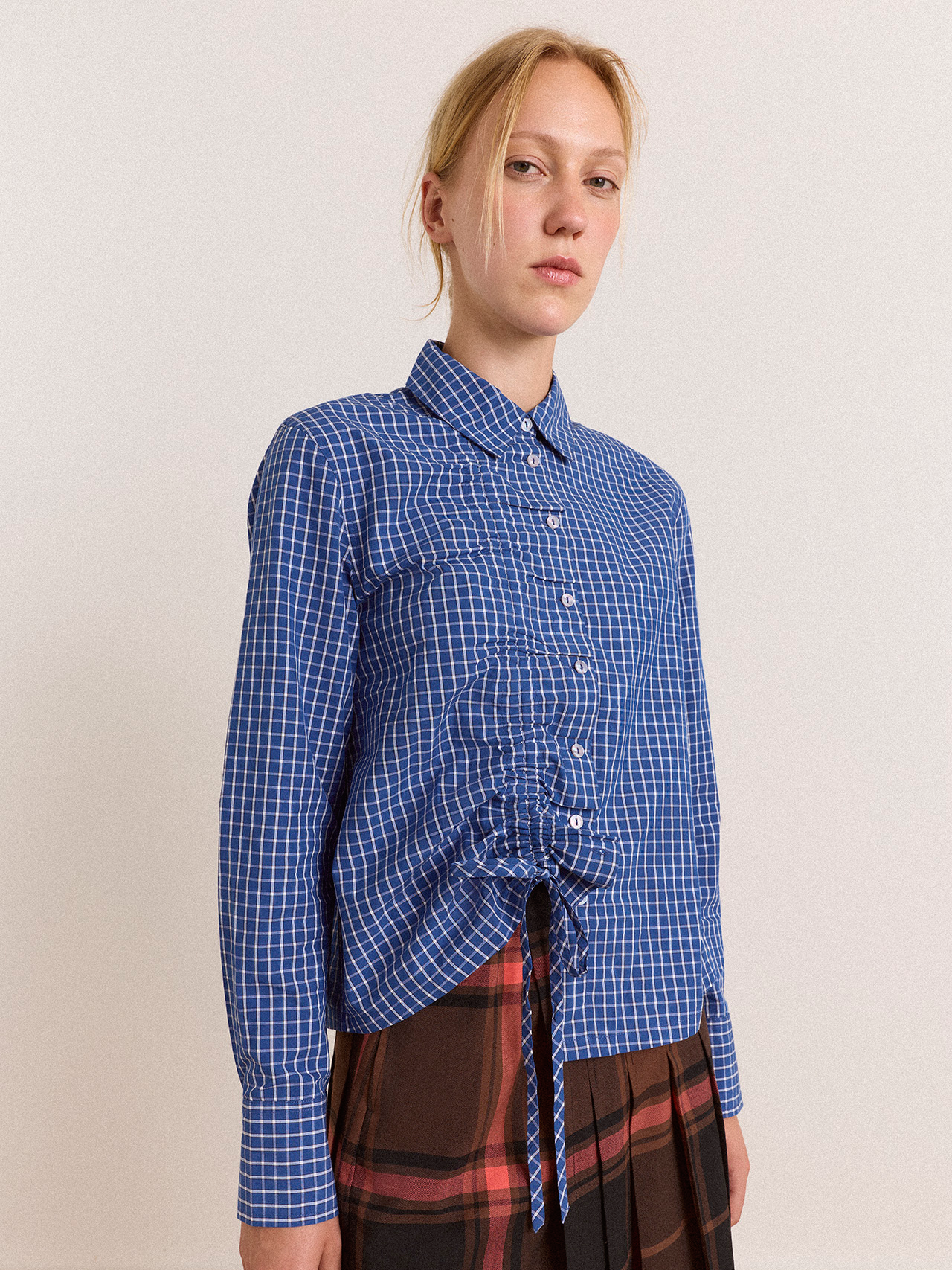 DAMSON MADDER Talia Ruched Shirt - Blue Check