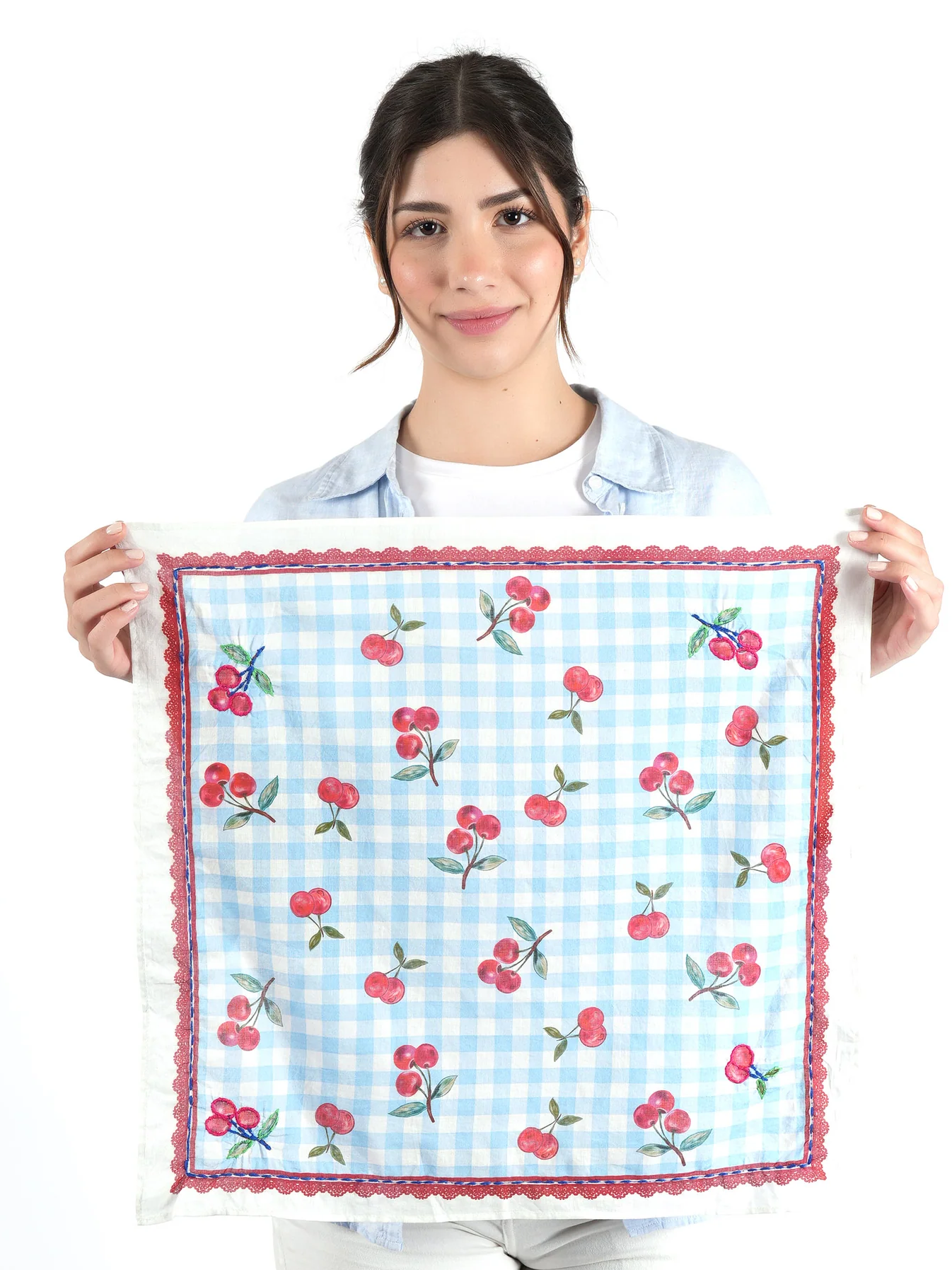 Cherry Gingham Bandana - Ivory Blue