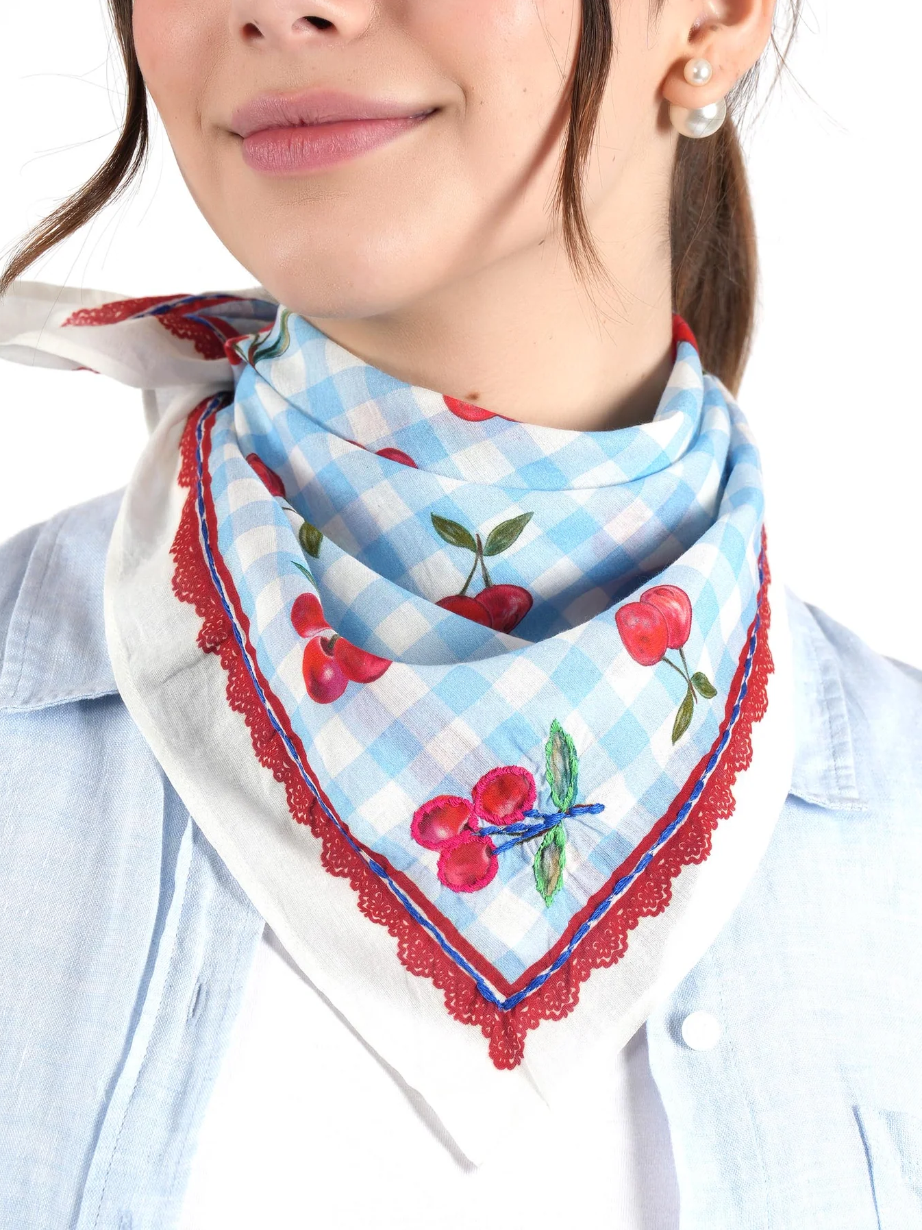 Cherry Gingham Bandana - Ivory Blue