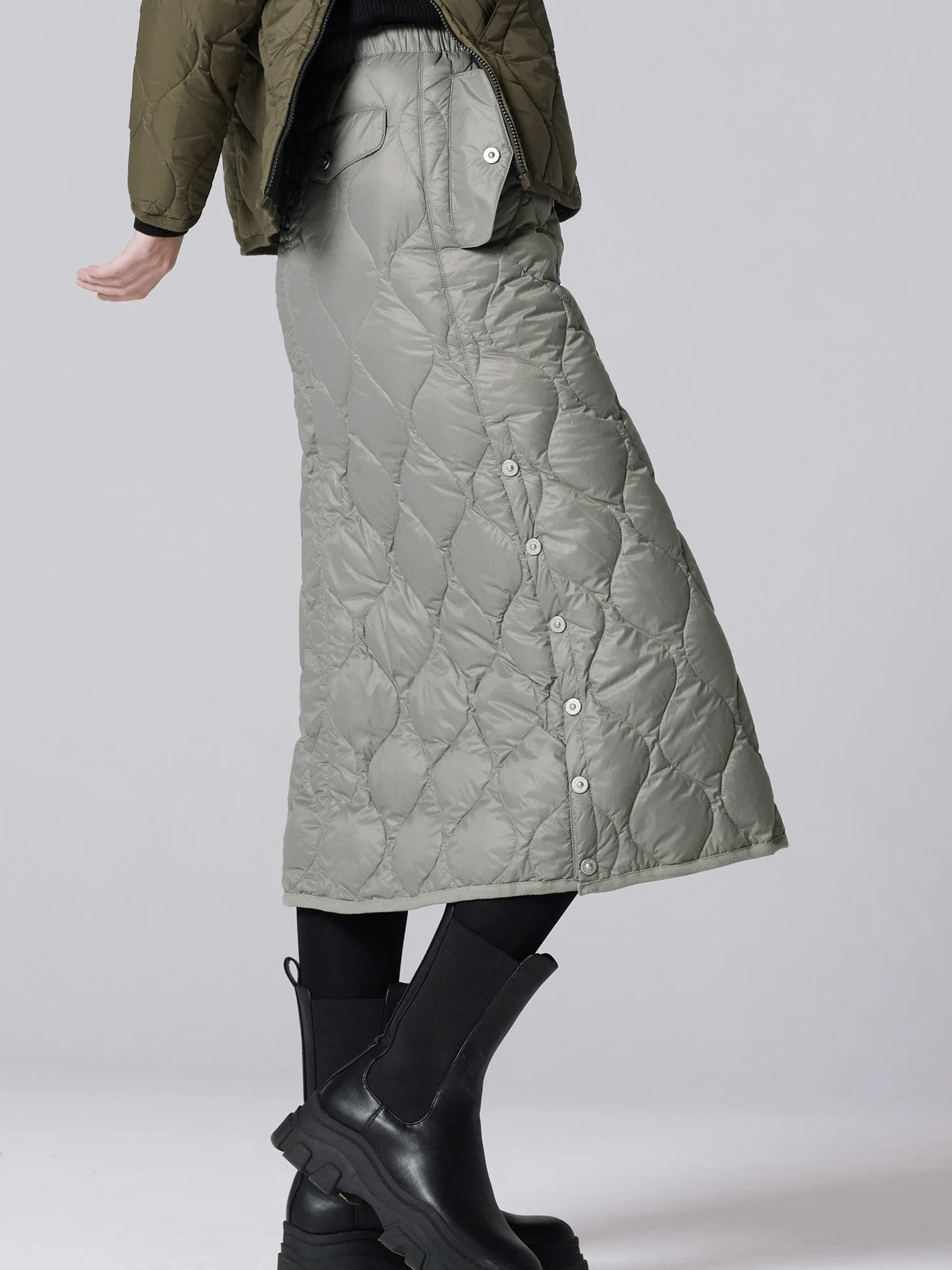 TAION Military Snap Button Down Skirt (Soft Shell) - Dark Sage Green