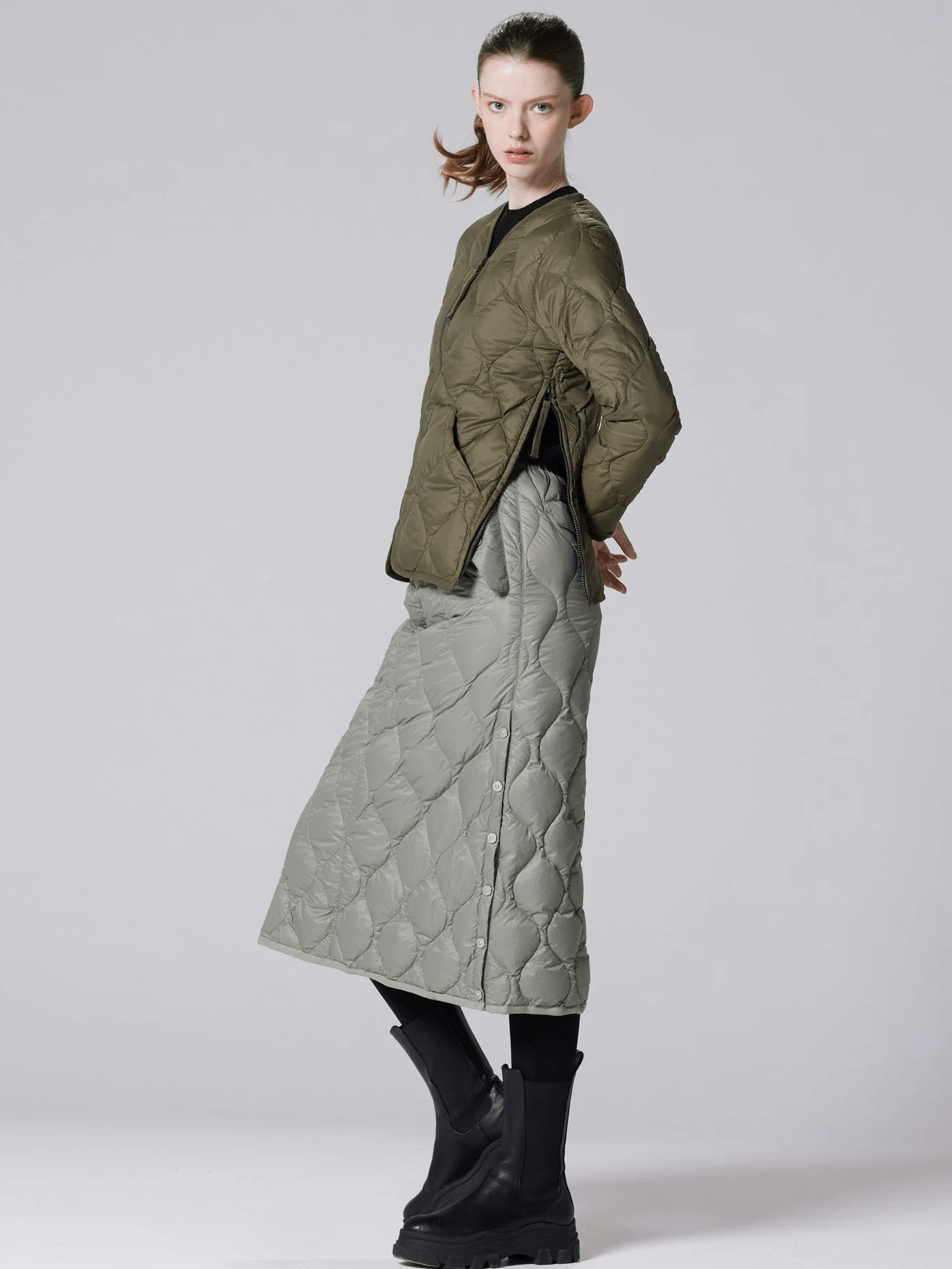 TAION Military Snap Button Down Skirt (Soft Shell) - Dark Sage Green