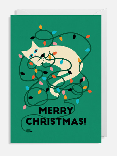 Merry Christmas Lights Cat Karte