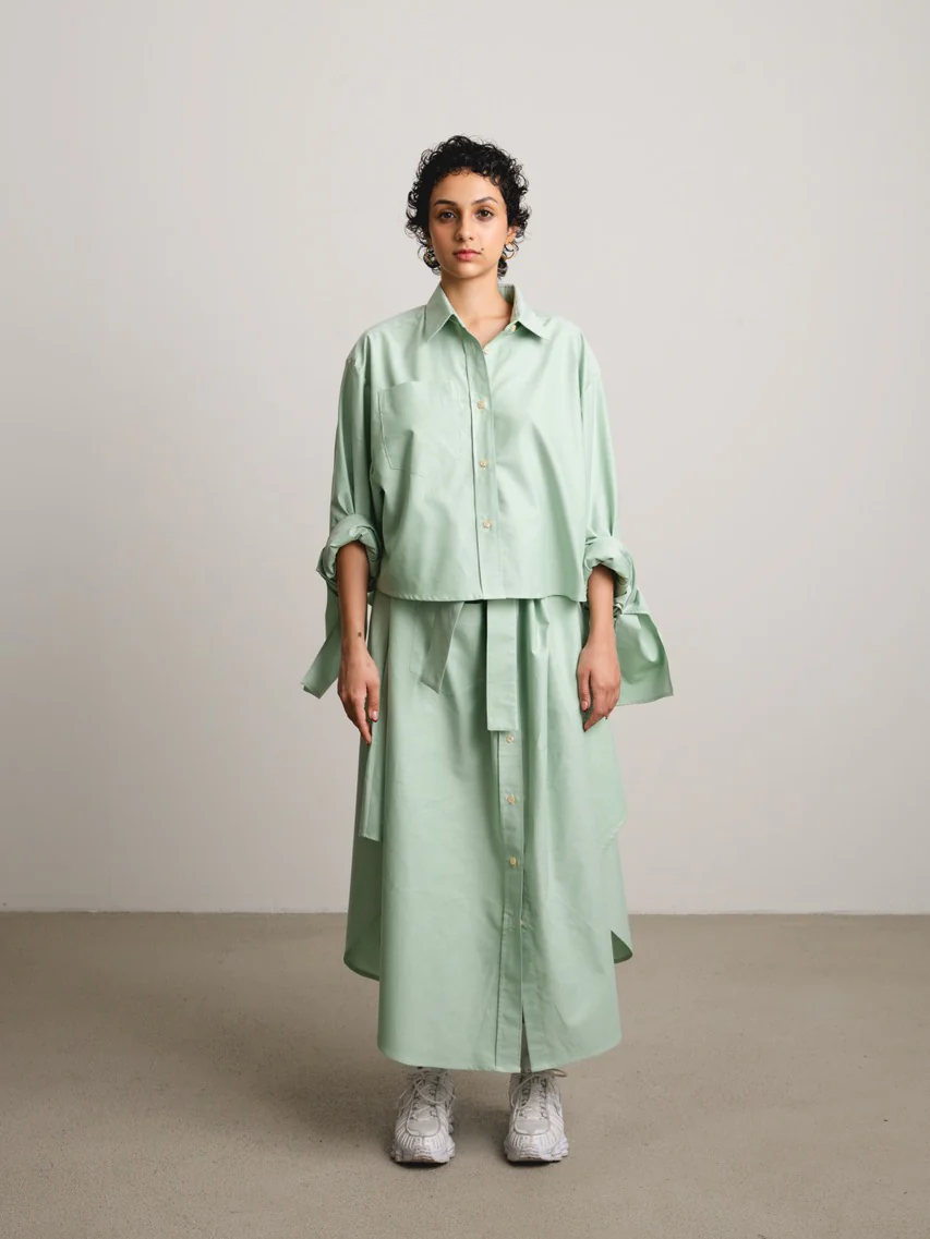 JANA WIELAND Dusk Bow Sleeve Crop Shirt / Grass Stripe