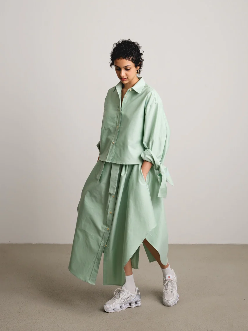 JANA WIELAND Dusk Bow Sleeve Crop Shirt / Grass Stripe