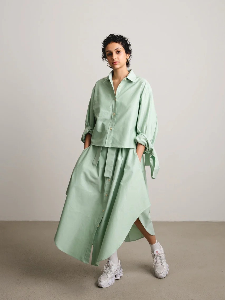 JANA WIELAND Dusk Bow Sleeve Crop Shirt / Grass Stripe