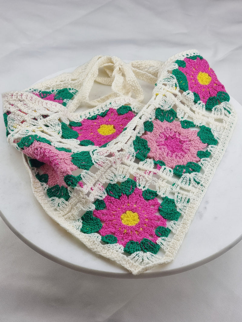 Crochet Headscarf - Pink Flowers - Schal